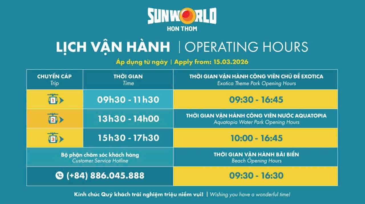 Lịch vận hành cáp treo Hòn Thơm