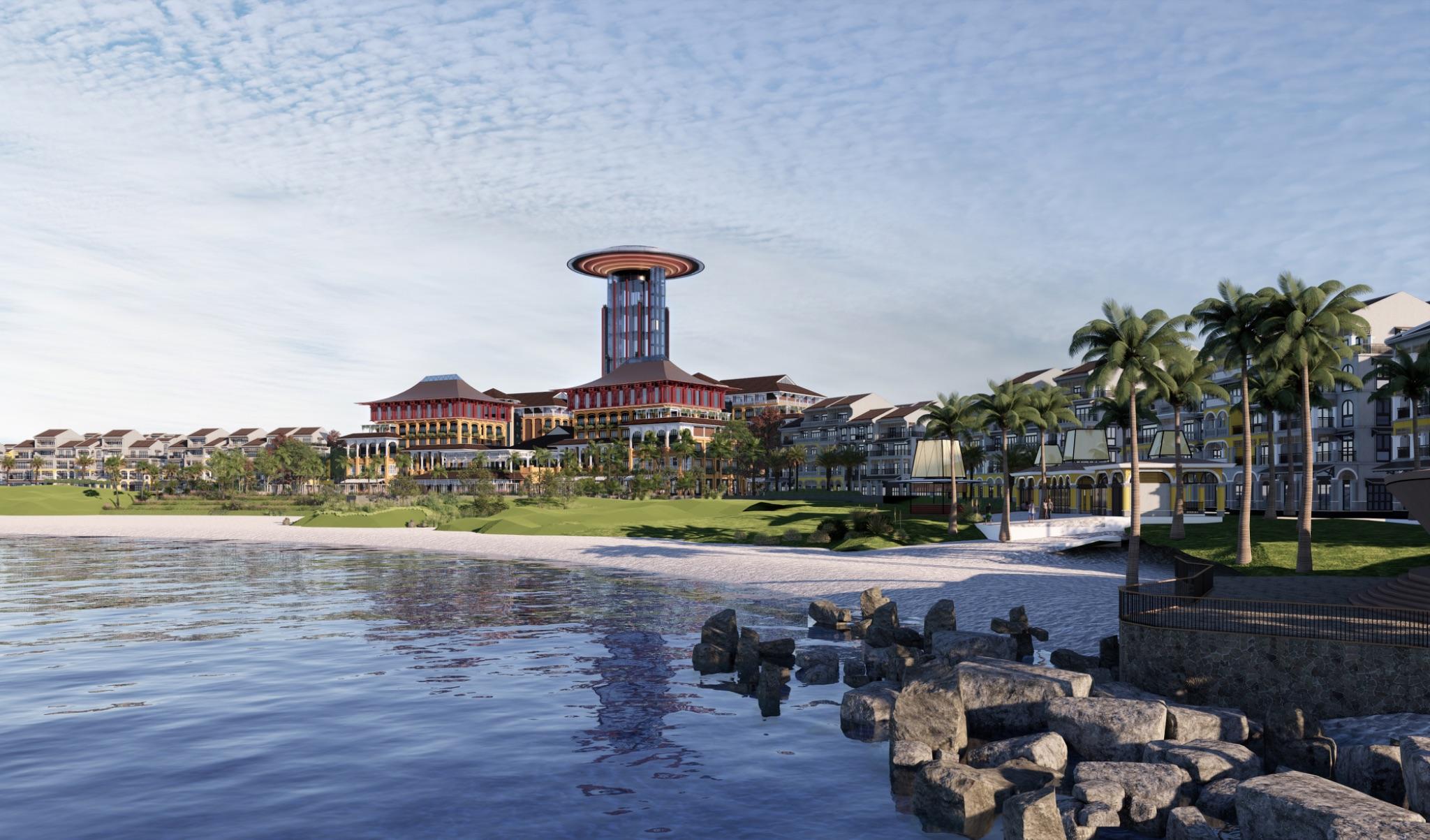 Phối cảnh khu nghỉ dưỡng Rixos Phu Quoc với công trình biểu tượng là tòa tháp lấy cảm hứng từ chiếc nón của Nam Phương Hoàng hậu