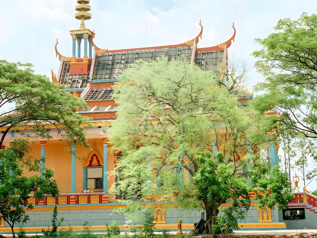 Chùa Krăng Kroch hiện diện nổi bật giữa không gian xanh, phản ánh đời sống văn hóa Khmer đặc trưng tại Tri Tôn.