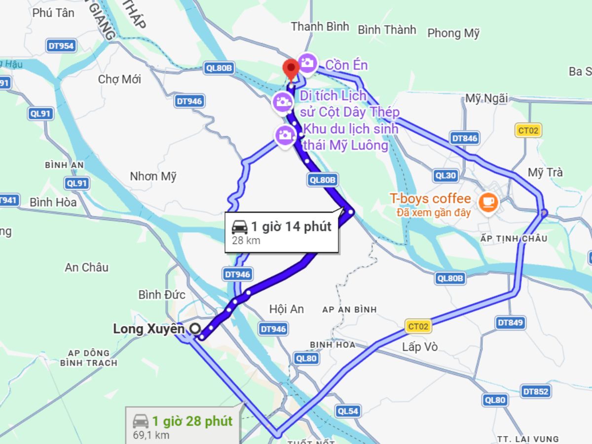 Từ trung tâm Long Xuyên đến Cồn Én chỉ khoảng 30 km.