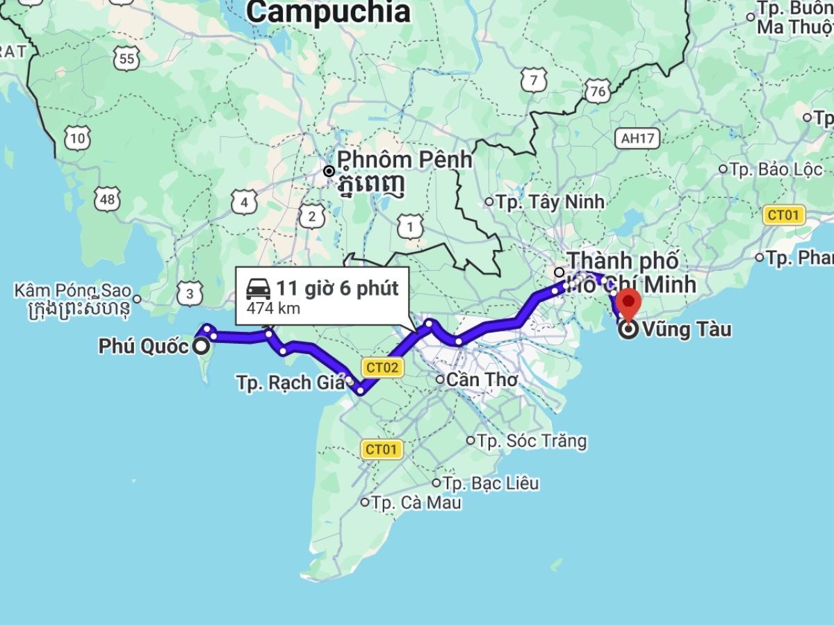 Khoảng cách từ Phú Quốc đến Vũng Tàu khoảng 474 km. 