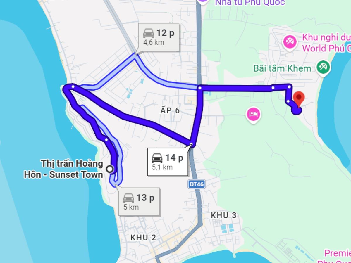 Khoảng cách tực tế giữa Từ JW Marriott Phu Quoc và Sunset Town chỉ gần 5 km