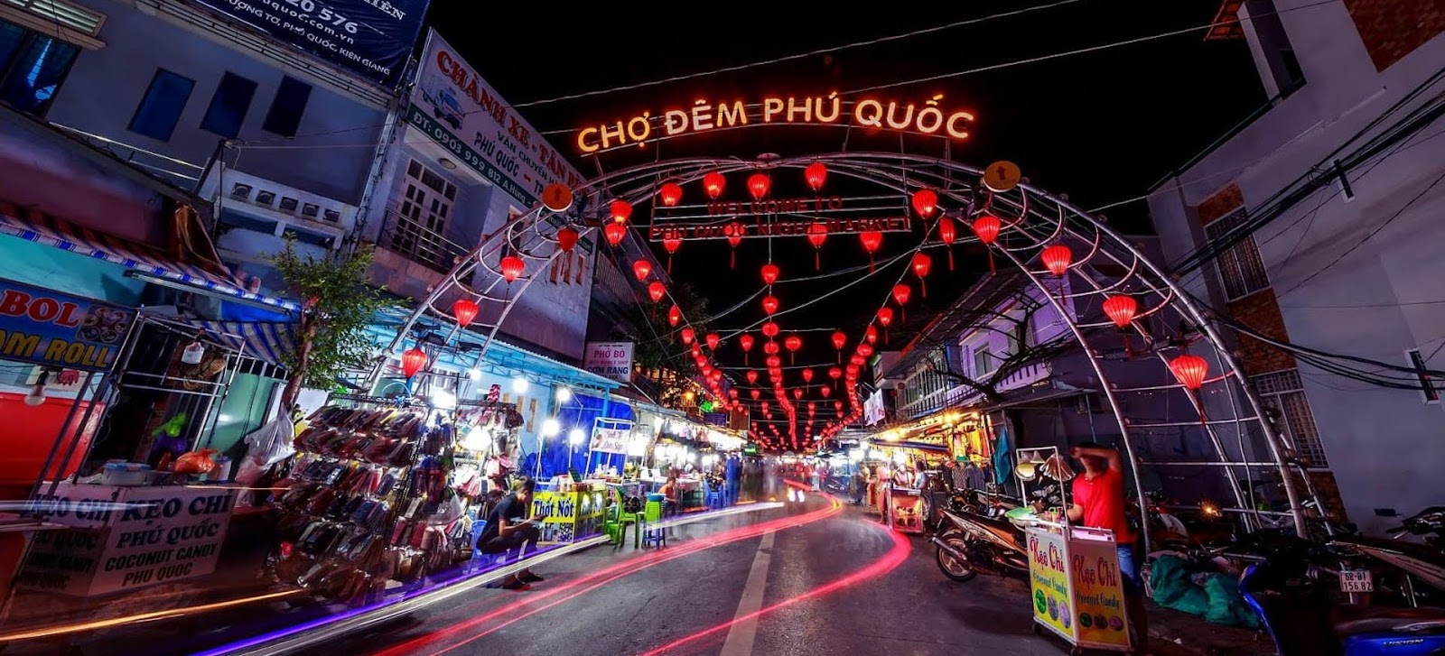 The brightly lit entrance gate of the main night market in Phu Quoc