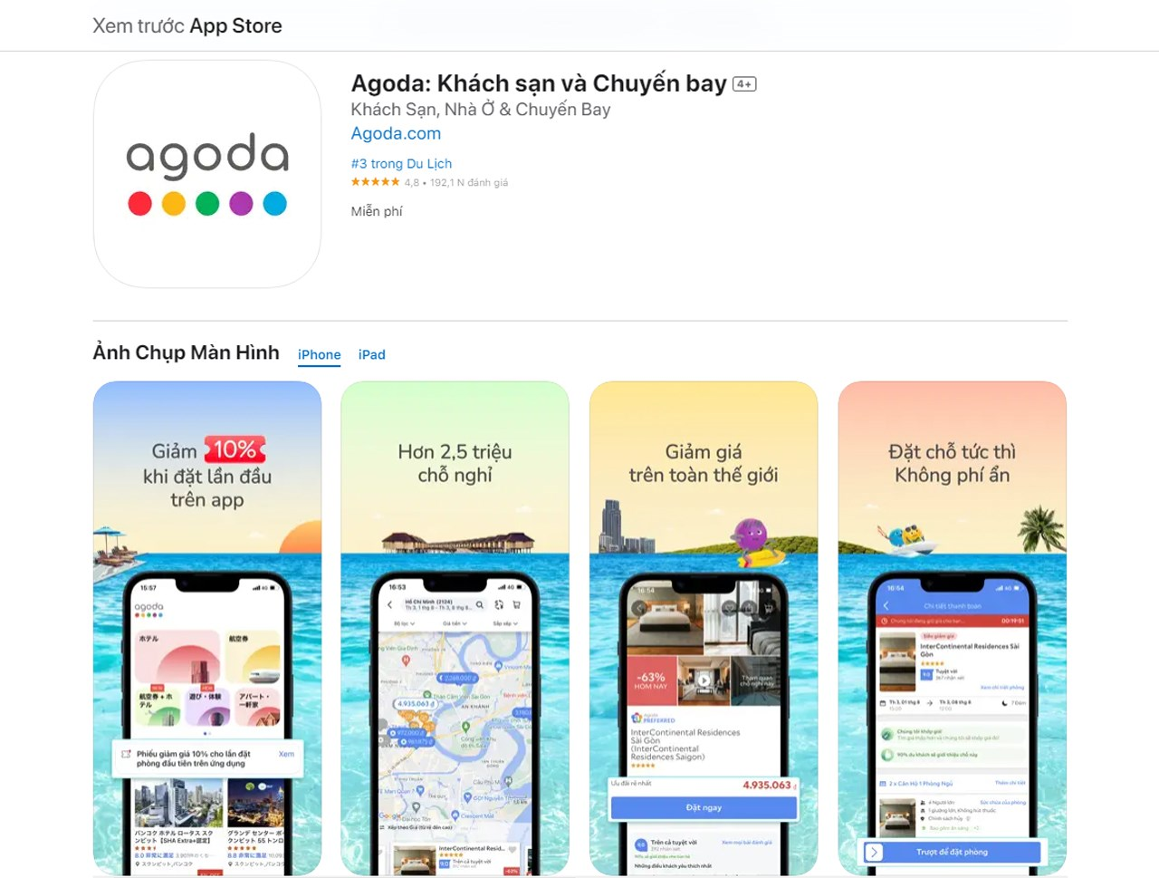 Ứng dụng Agoda đạt hơn 50 triệu lượt tải xuống và nhận được hơn 1 triệu đánh giá. 
